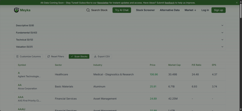 Meyka Stock Screener Page Image