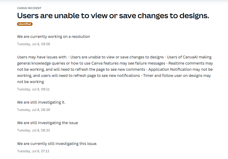 Canva Response to the down issue