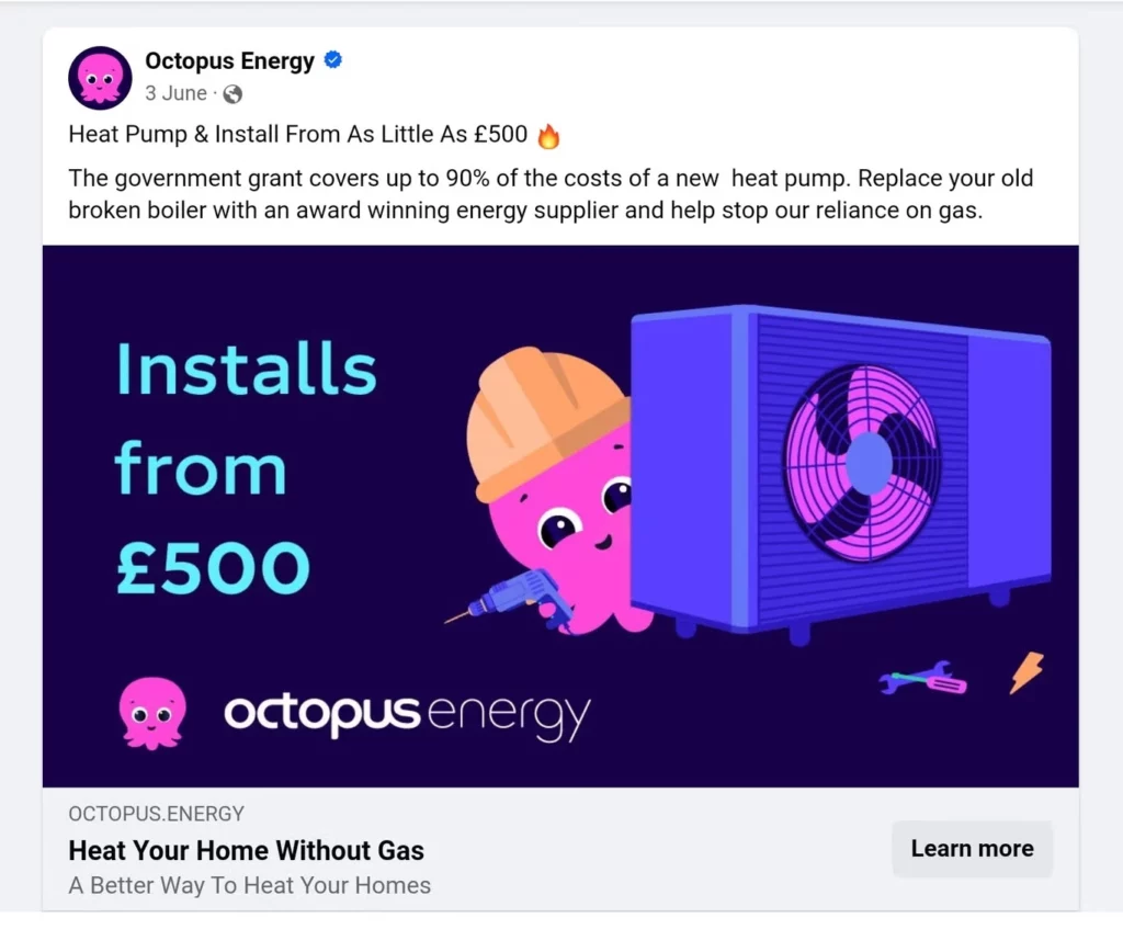 Octopus Energy heat pump advertisement showing a £500 installation offer with promotional text.
