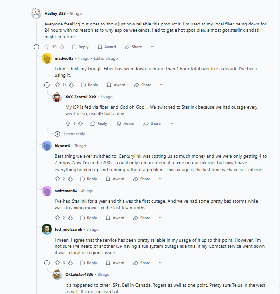 Reddit People Reaction for Starlink Outage