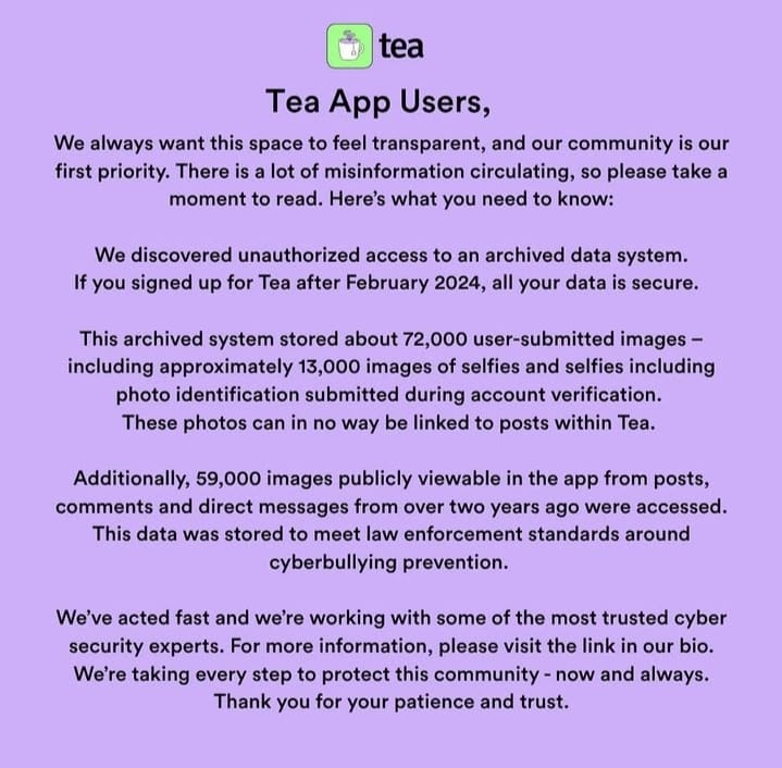 Official Statement of Tea App's hacking on Instagram Account