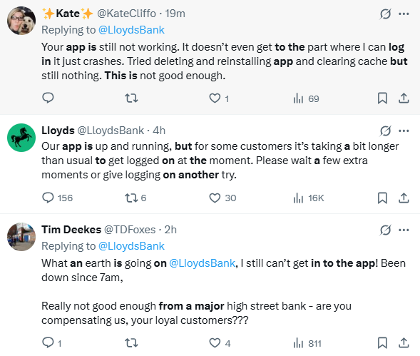 Frustrated users flood social media as Lloyd's Bank insists its app is running, despite ongoing login failures.