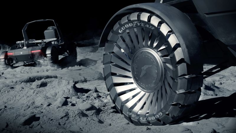 Goodyear develops airless tires for lunar rovers, engineered to perform on the Moon’s rugged terrain.