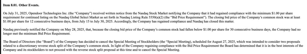 Notice for Opendoor by Nasdaq Stock Market