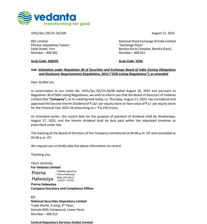 Vedanta Interim Dividend Announcement 