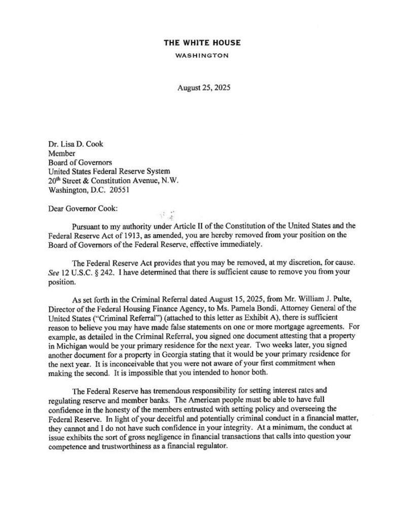 Trump Fired Fed Governor Lisa Cook