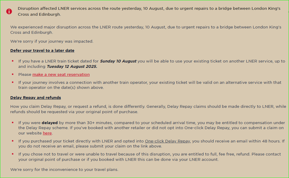 LNER travel update notice detailing ticket validity extensions, seat reservations, and Delay Repay refund information after 10 August 2025 service disruption.
