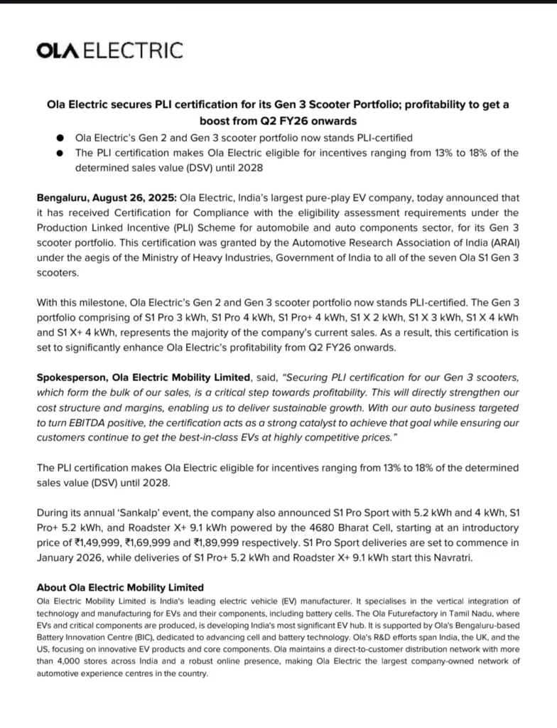 OLA Electric PLI Certification