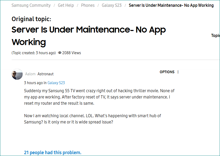 Samsung TV Outage Reports on Samsung Community