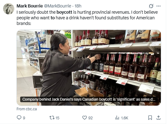 X Source: Canadian consumers are simply replacing Jack Daniel’s with local or non-U.S. whiskey brands.