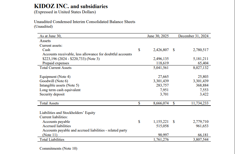 Kidoz Financials Details up to June 30, 2025