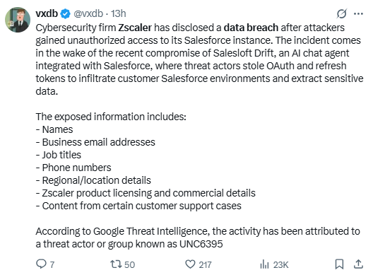 X Source: Zscaler confirmed the breach and discussed details of exposed sensitive information.