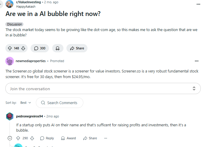 Reddit Source: Reddit users debate whether the AI boom resembles a financial bubble like the dot-com era.