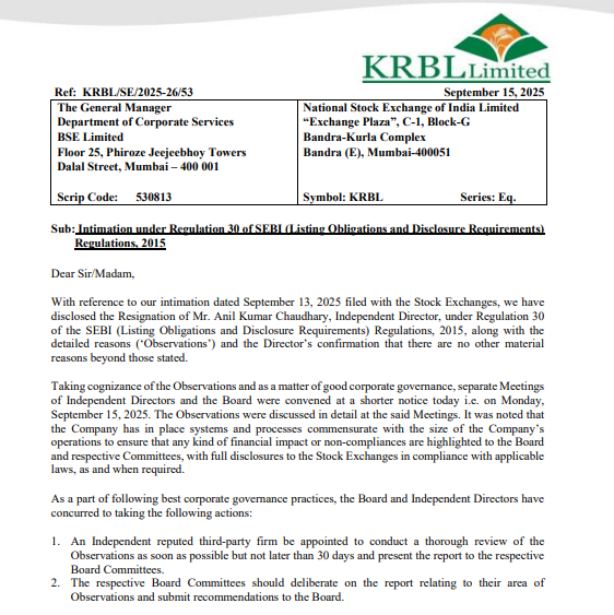 KRBL Official Source: KRBL confirmed the resignation of Independent Director Anil Kumar Chaudhary and said a third-party firm will review his governance concerns.