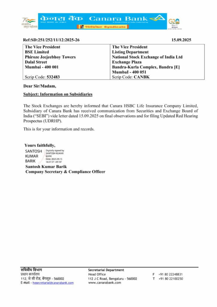 Canara Bank Official Source: IPO Approval Document