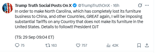 X Source: Trump imposes tariffs on furniture