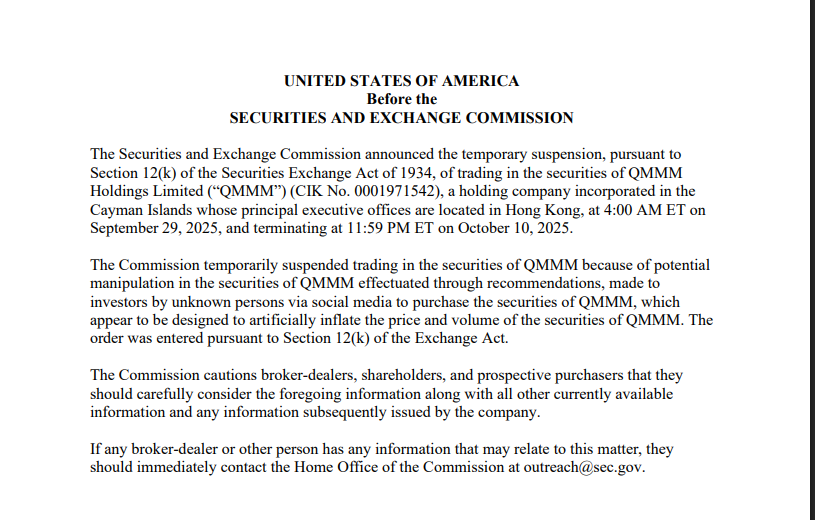 SEC Official Source: SEC order of QMMM's Ltd. suspension