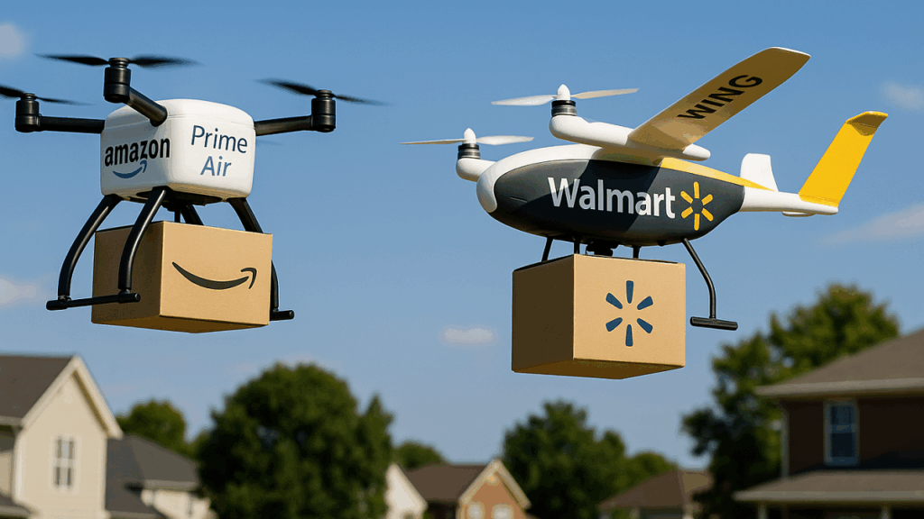 Medium Source: Amazon and Walmart race to dominate drone delivery, betting big on faster airborne logistics.