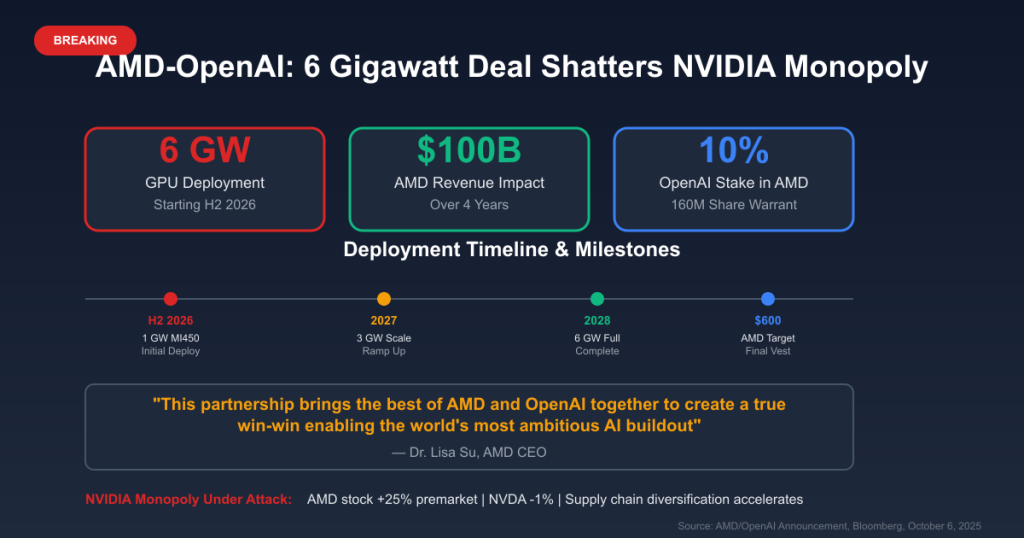 AMD and OpenAI strike a $100B deal to challenge NVIDIA’s dominance with a massive 6GW AI GPU deployment.