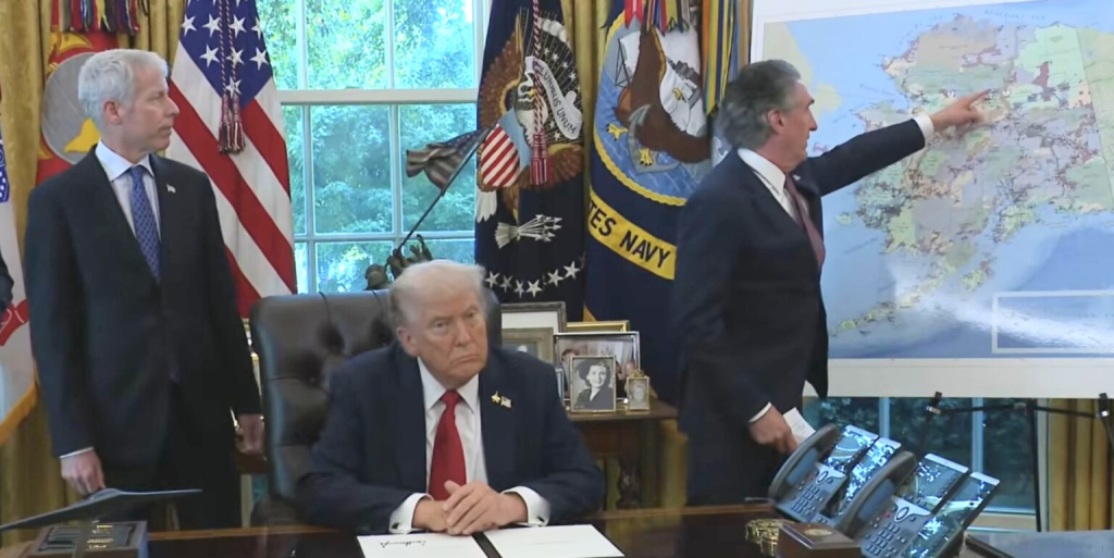 Alaska Beacon Source: On Oct. 6, 2025, Interior Secretary Doug Burgum showed a map of Alaska as he announced the Trump administration’s decision to restore the Ambler Road permit.