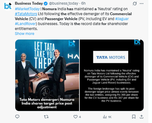 X Source: Nomura sees both Tata Motors divisions as equally valued.