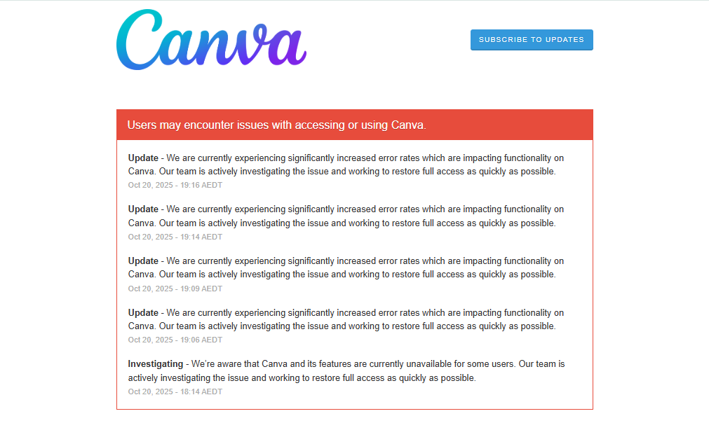 Canva is currently experiencing technical issues, causing errors and limited access for users while their team works to resolve the problem.