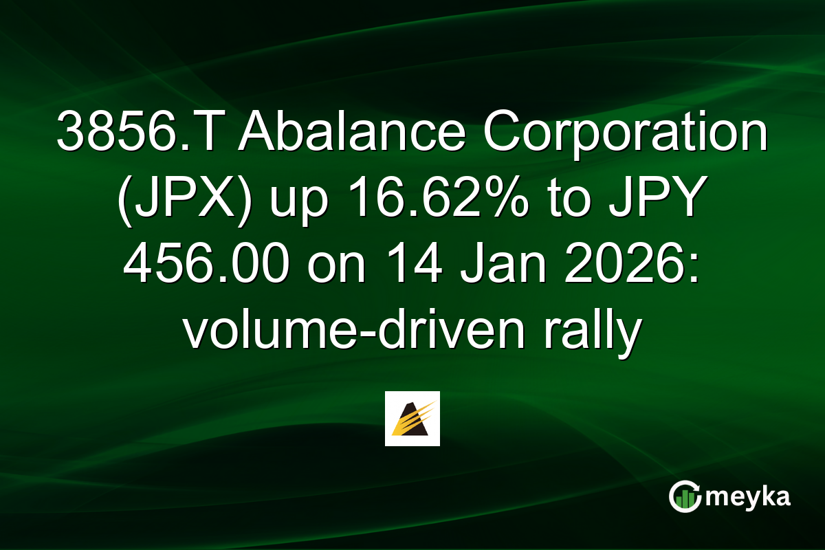 3856.T Abalance Corporation (JPX) up 16.62% to JPY 456.00 on 14 Jan 2026: volume-driven rally