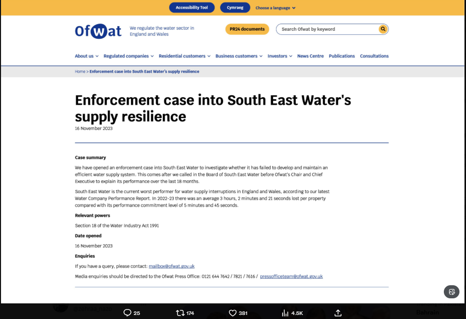 Official Source: Ofwat has launched an investigation into how South East Water treats its customers, January 15, 2026