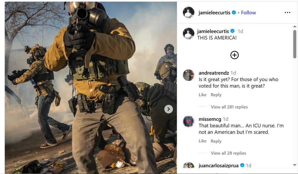Instagram Source: Jamie Lee Curtis Response on Minneapolis Incident