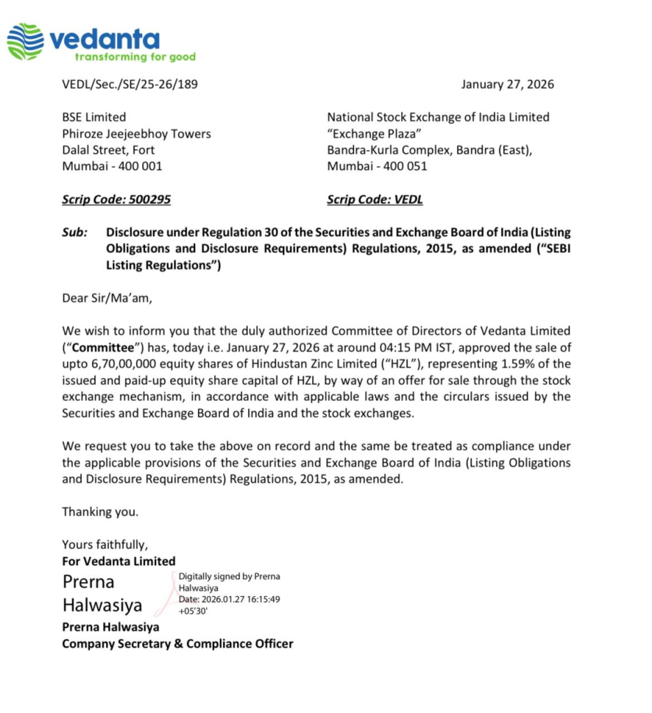 Official Source: Vedanta Board Approval for Hindustan Stake Sale, January, 2026