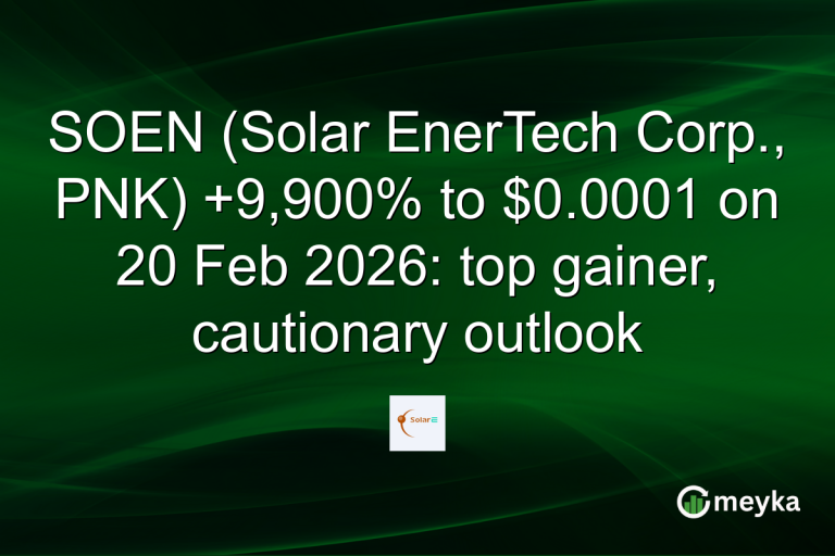 SOEN (Solar EnerTech Corp., PNK) +9,900% to $0.0001 on 20 Feb 2026: top gainer, cautionary outlook