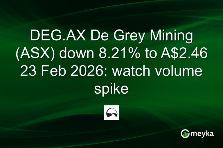 DEG.AX De Grey Mining (ASX) down 8.21% to A$2.46 23 Feb 2026: watch volume spike