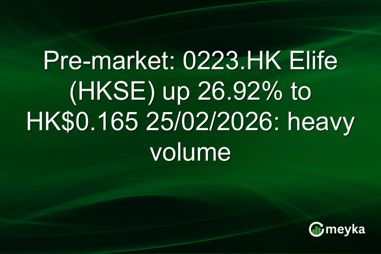 Pre-market: 0223.HK Elife (HKSE) up 26.92% to HK$0.165 25/02/2026: heavy volume