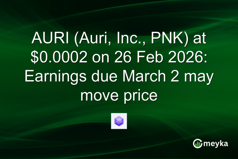 AURI (Auri, Inc., PNK) at $0.0002 on 26 Feb 2026: Earnings due March 2 may move price