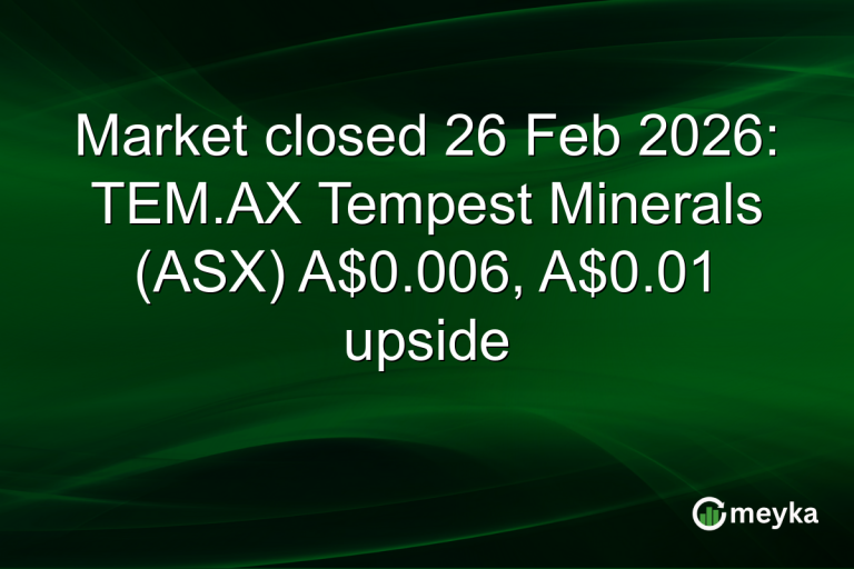 Market closed 26 Feb 2026: TEM.AX Tempest Minerals (ASX) A$0.006, A$0.01 upside