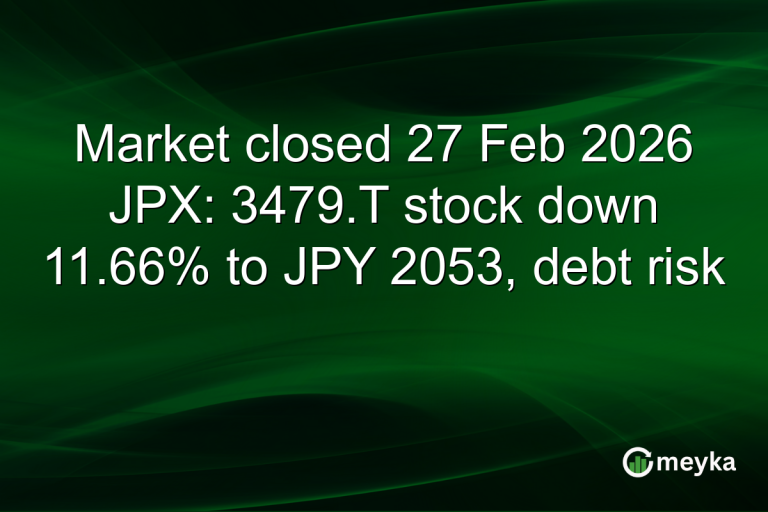 Market closed 27 Feb 2026 JPX: 3479.T stock down 11.66% to JPY 2053, debt risk