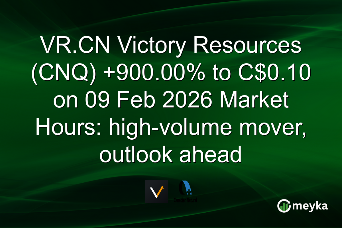 VR.CN Victory Resources (CNQ) +900.00% to C$0.10 on 09 Feb 2026 Market Hours: high-volume mover, outlook ahead