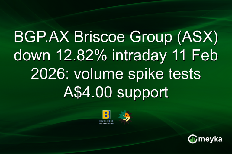 BGP.AX Briscoe Group (ASX) down 12.82% intraday 11 Feb 2026: volume spike tests A$4.00 support