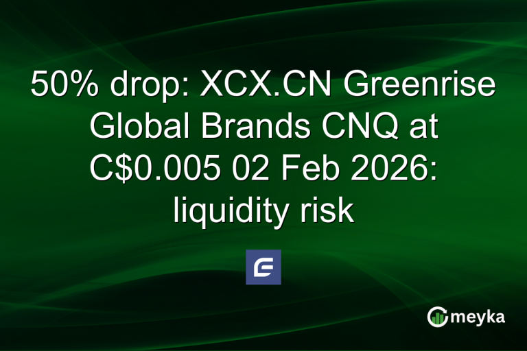 50% drop: XCX.CN Greenrise Global Brands CNQ at C$0.005 02 Feb 2026: liquidity risk