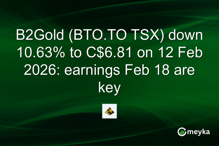 B2Gold (BTO.TO TSX) down 10.63% to C$6.81 on 12 Feb 2026: earnings Feb 18 are key