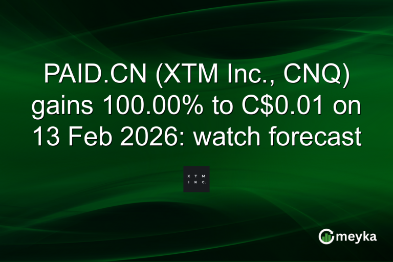 PAID.CN (XTM Inc., CNQ) gains 100.00% to C$0.01 on 13 Feb 2026: watch forecast