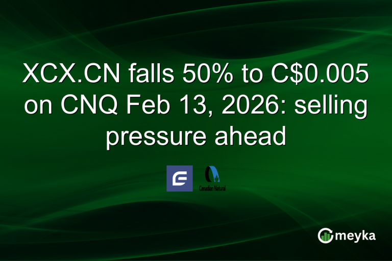XCX.CN falls 50% to C$0.005 on CNQ Feb 13, 2026: selling pressure ahead