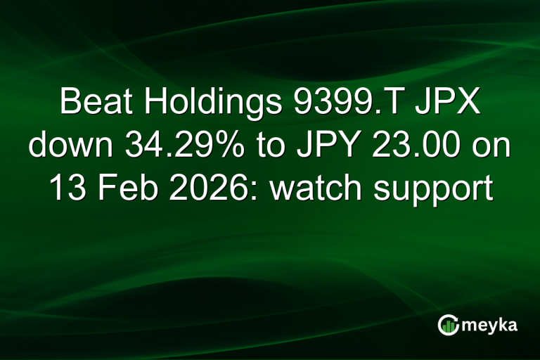Beat Holdings 9399.T JPX down 34.29% to JPY 23.00 on 13 Feb 2026: watch support