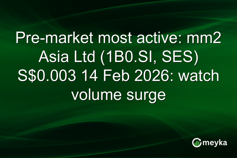 Pre-market most active: mm2 Asia Ltd (1B0.SI, SES) S$0.003 14 Feb 2026: watch volume surge