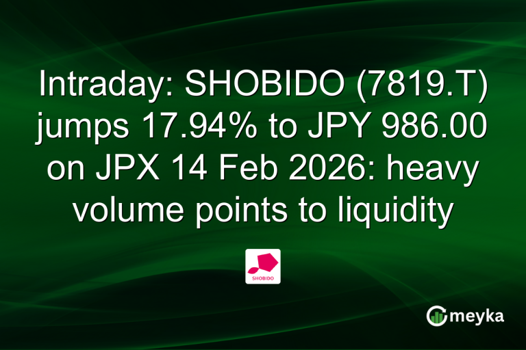 Intraday: SHOBIDO (7819.T) jumps 17.94% to JPY 986.00 on JPX 14 Feb 2026: heavy volume points to liquidity