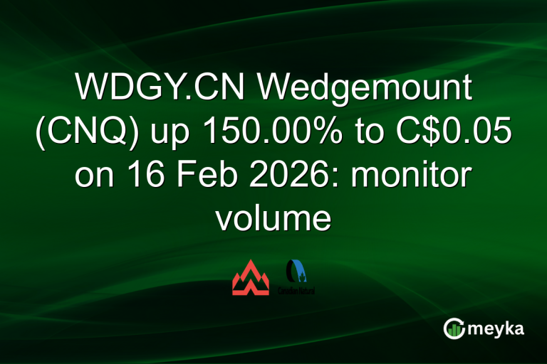 WDGY.CN Wedgemount (CNQ) up 150.00% to C$0.05 on 16 Feb 2026: monitor volume