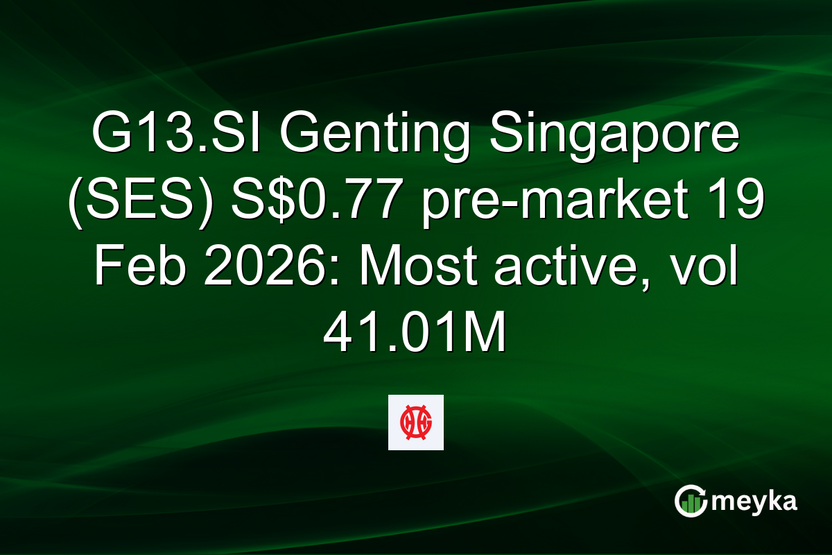 G13.SI Genting Singapore (SES) S$0.77 pre-market 19 Feb 2026: Most active, vol 41.01M