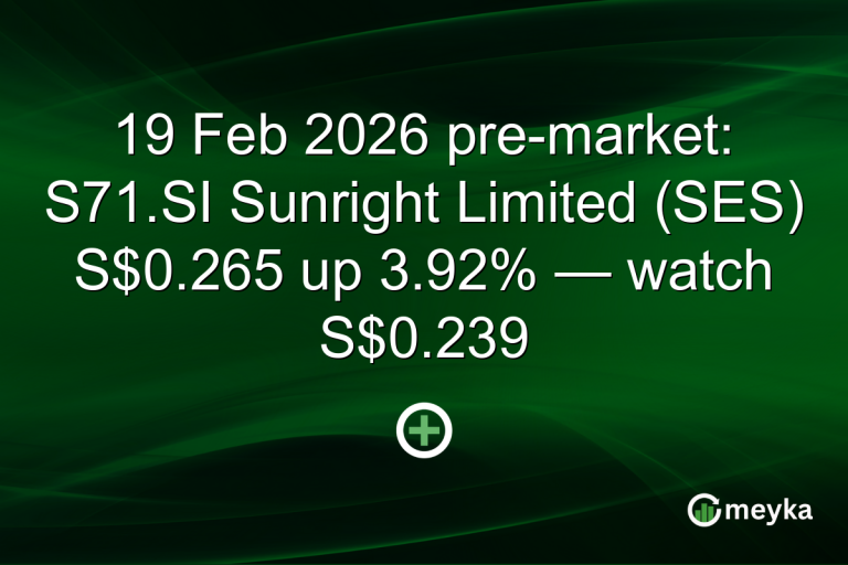 19 Feb 2026 pre-market: S71.SI Sunright Limited (SES) S$0.265 up 3.92% — watch S$0.239