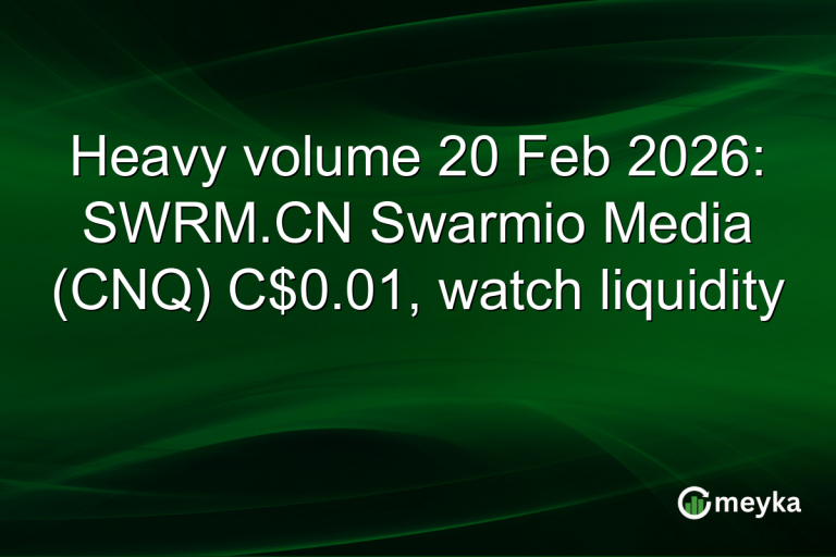 Heavy volume 20 Feb 2026: SWRM.CN Swarmio Media (CNQ) C$0.01, watch liquidity