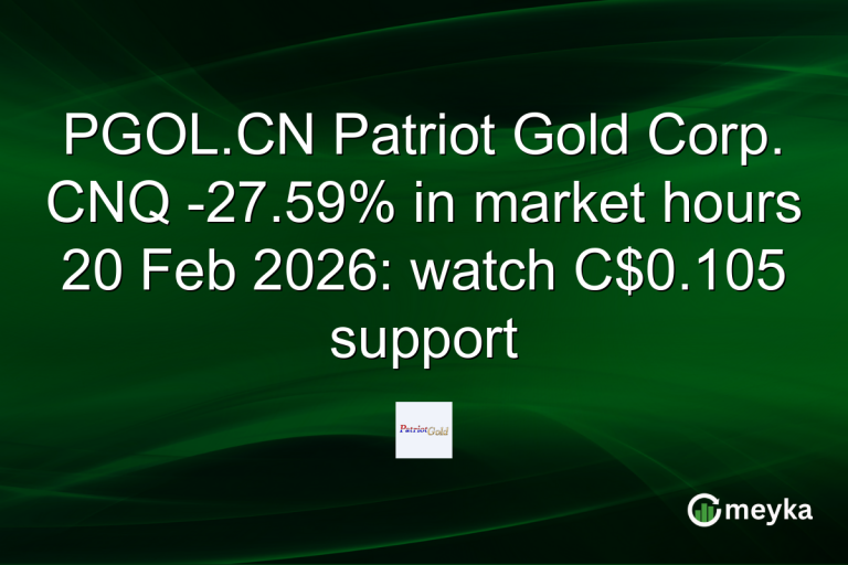 PGOL.CN Patriot Gold Corp. CNQ -27.59% in market hours 20 Feb 2026: watch C$0.105 support